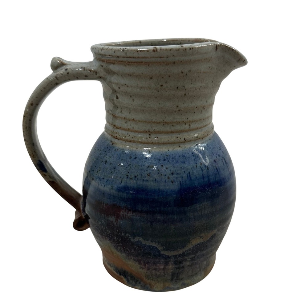Vintage 1994 Signed Studio Pottery Pitcher Blue Speckled Stoneware Vase 7.25in